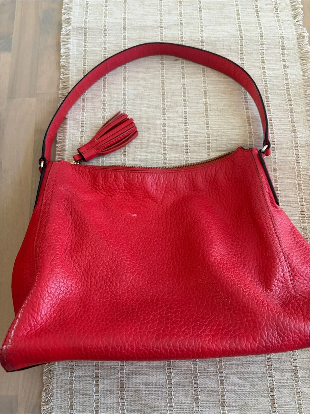 kate spade Red Pebbled Leather Shoulder Hobo with Tassel